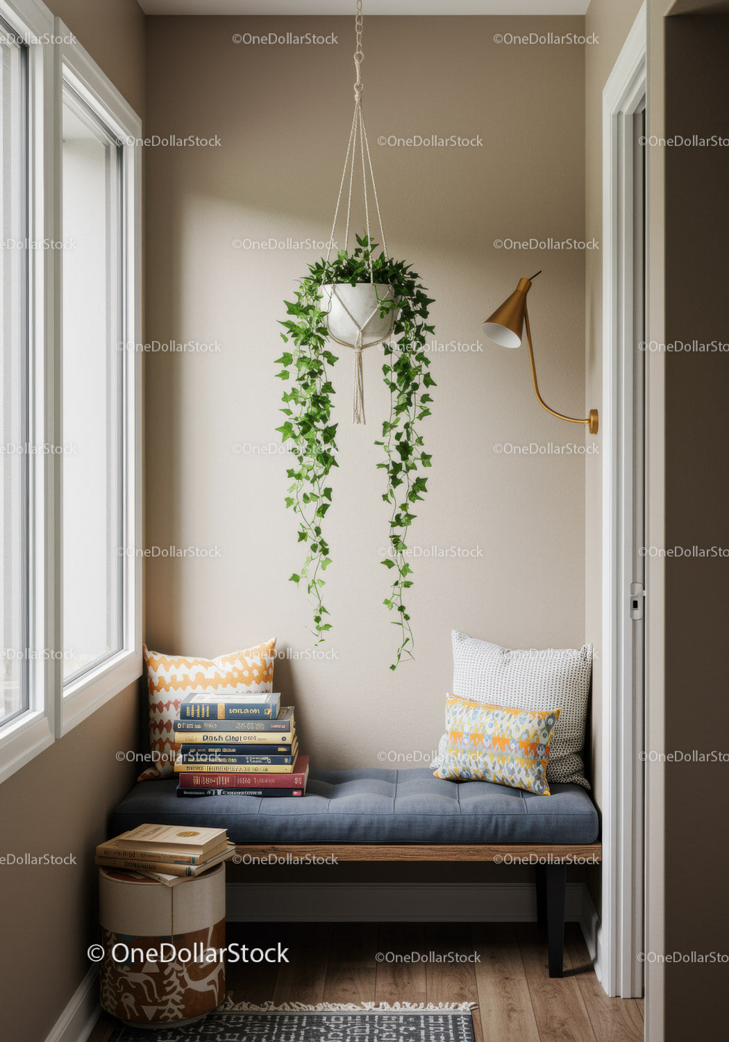 Cozy Reading Nook with Hanging Ivy and Modern Decor
