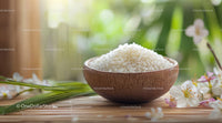 Rice in Wooden Bowl with Flowers and Natural Light