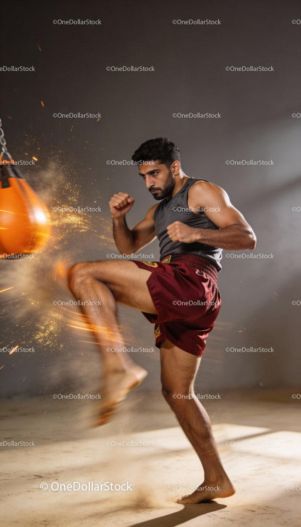 Focused martial artist delivering a powerful kick