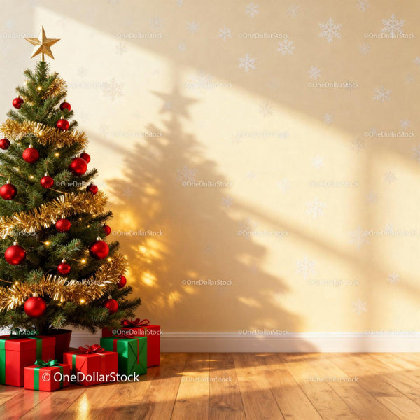 Cozy Christmas tree with gifts in warm sunlight