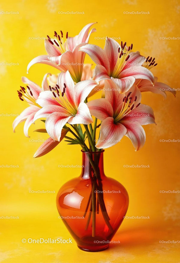 Pink Lilies in a Red Glass Vase on Vibrant Yellow Background