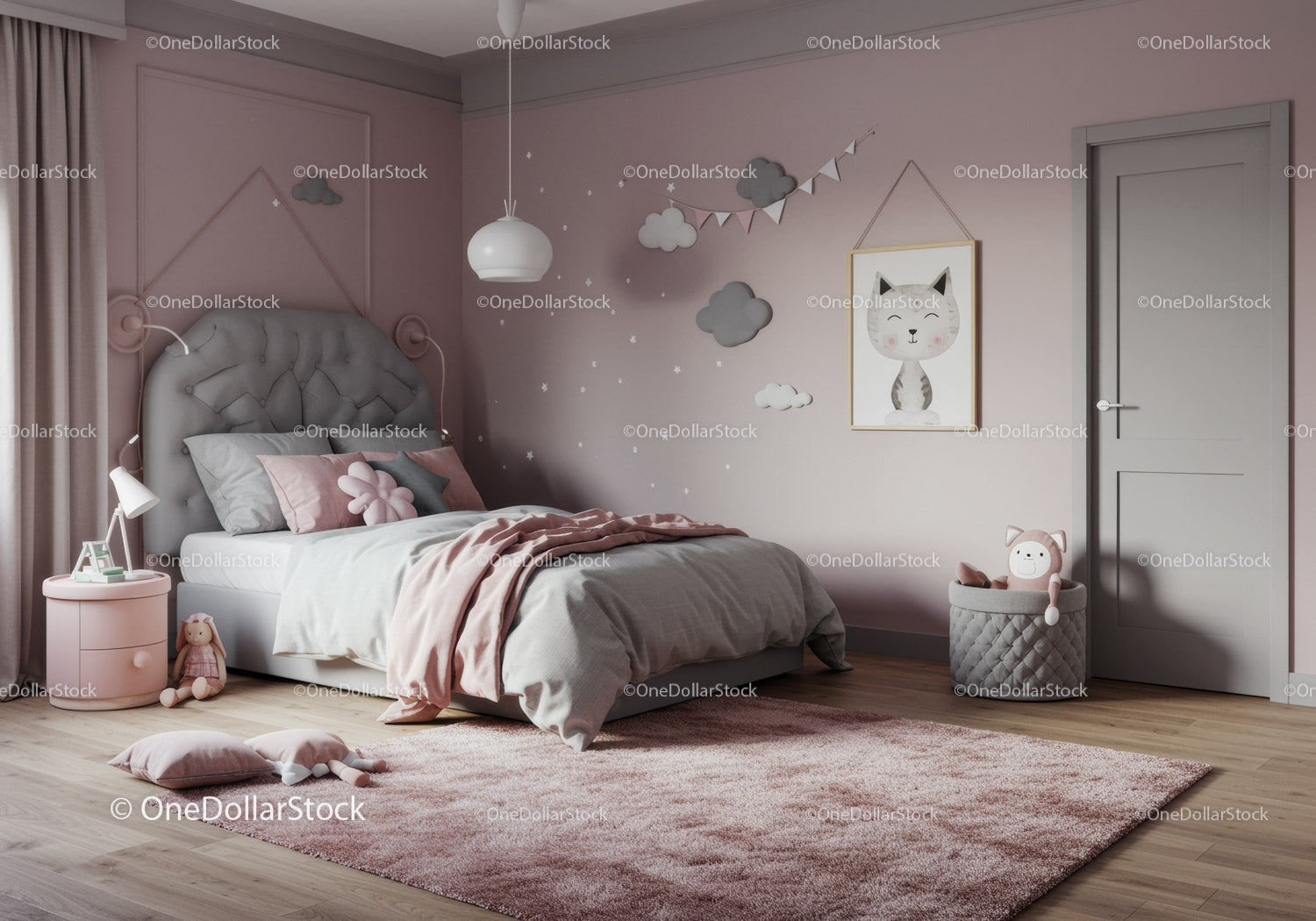 Cute Pink and Gray Children's Bedroom with Wall Art and Plush Toys