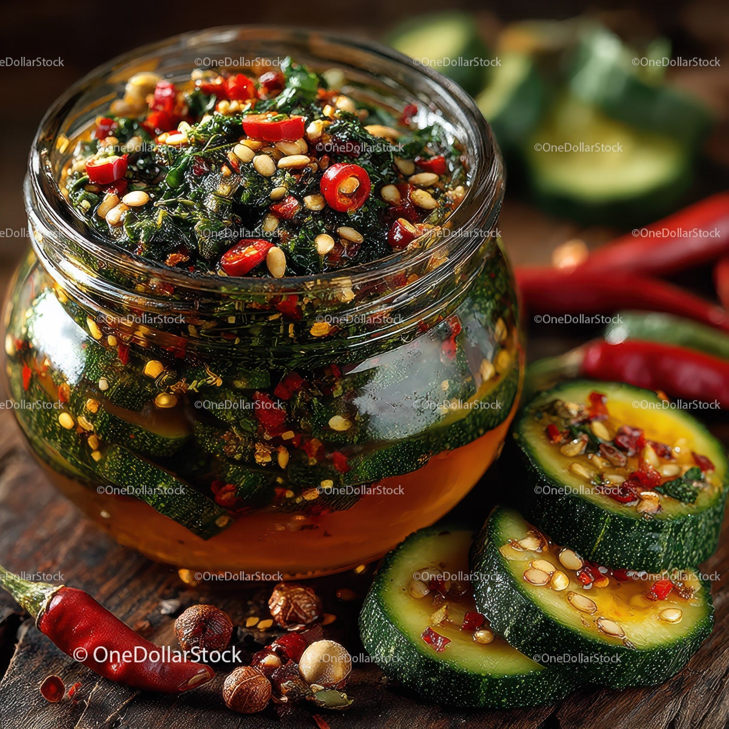 Spicy Chili Pepper and Cucumber Slices in Glass Jar