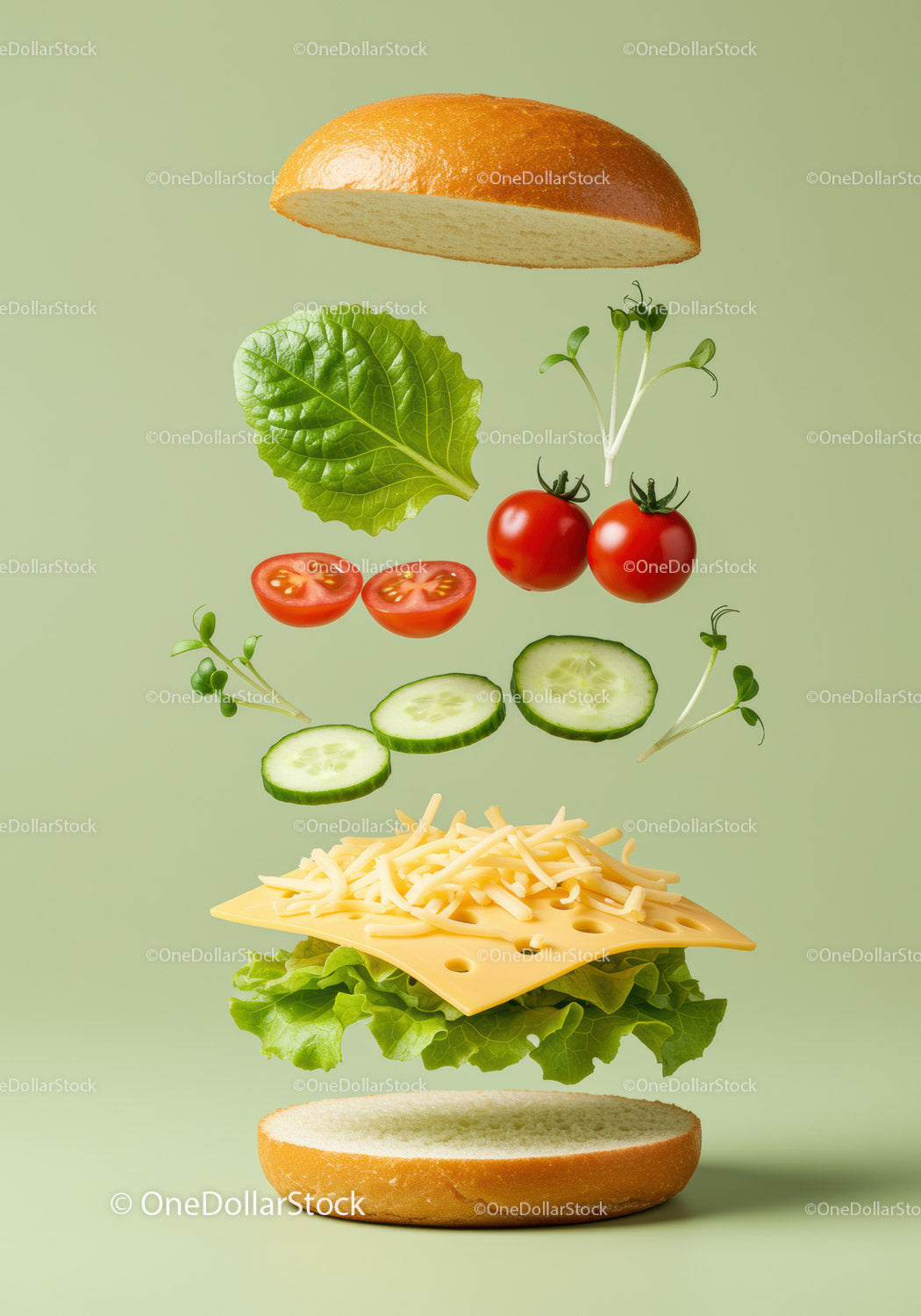 Deconstructed fresh veggie and cheese sandwich ingredients