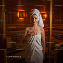 Relaxing Woman in Towel in Sauna Interior with Wooden Design