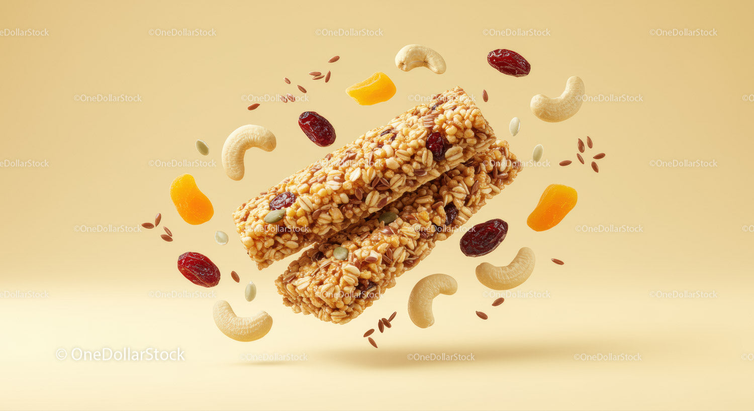 Batony Granola w otoczeniu orzechów i suszonych owoców na beżowym tle