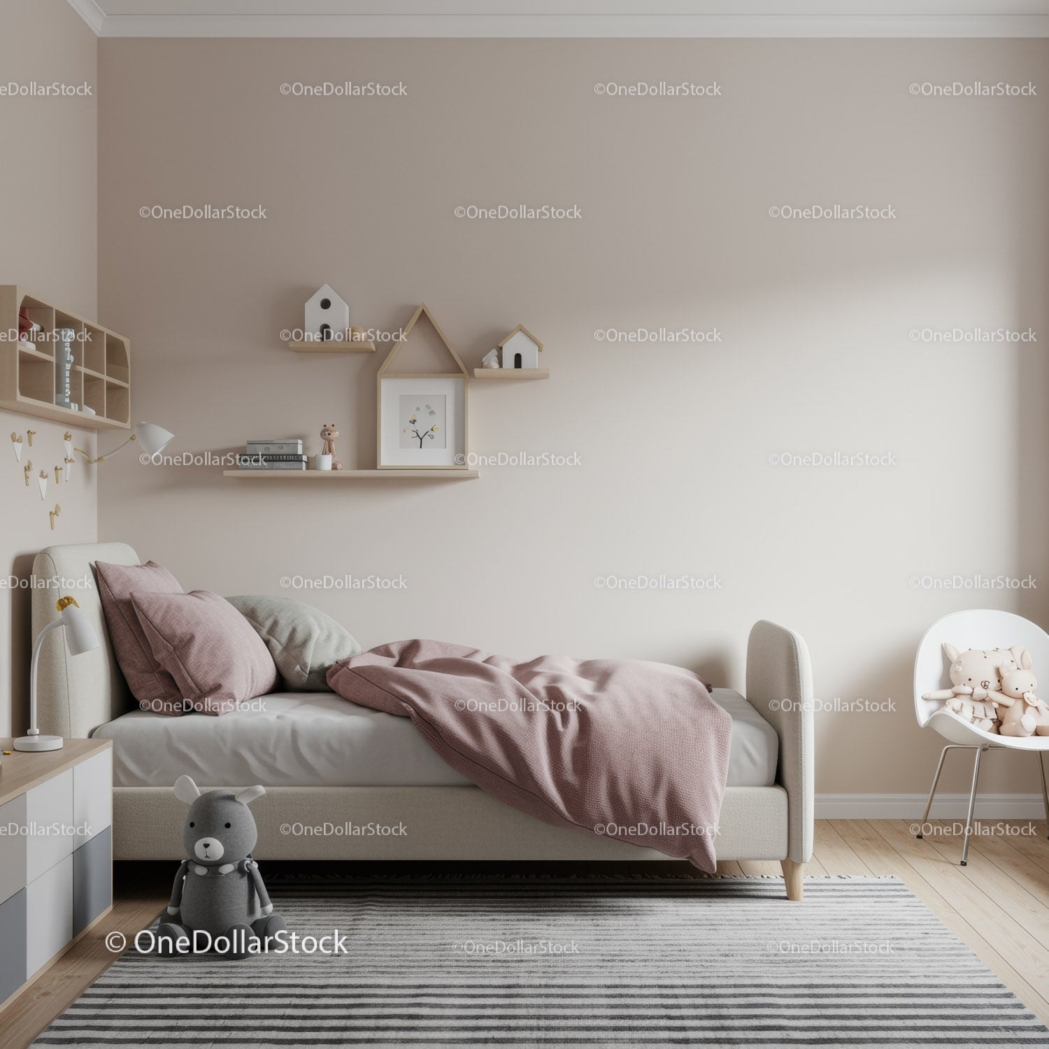 Cozy Children's Bedroom with Soft Pastel Decor and Plush Toys