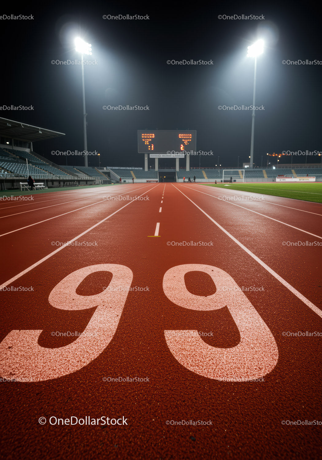 Night view of illuminated running track lanes ninety nine