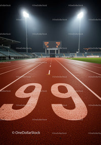 Night view of illuminated running track lanes ninety nine