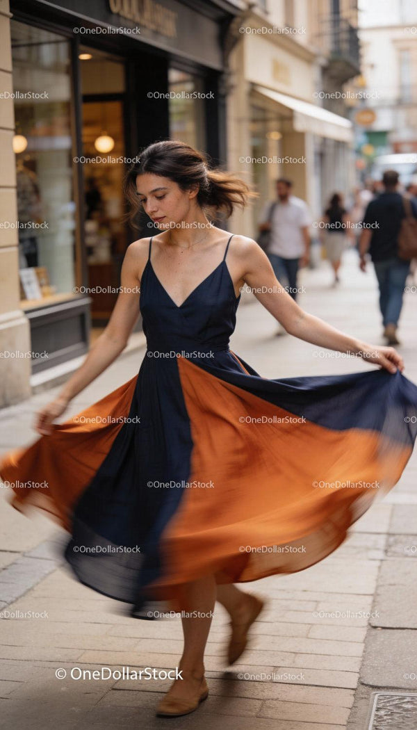 Young woman twirling in a stylish color block dress