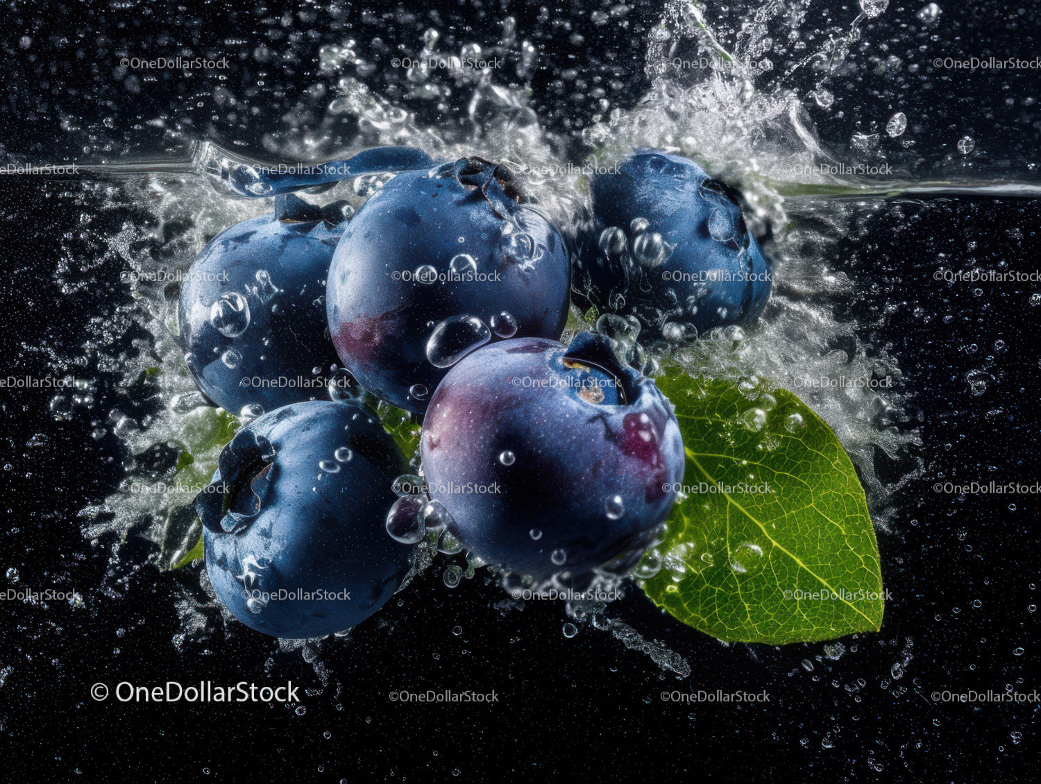 Fresh Blueberries Splashing in Water with Green Leaf Context