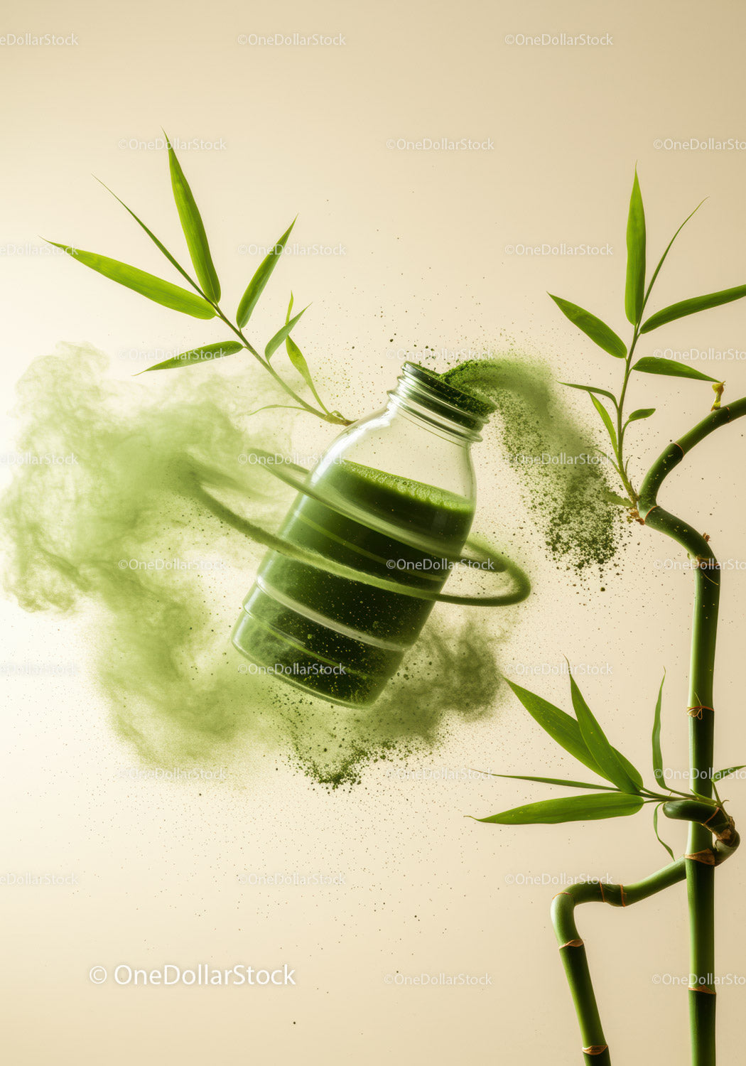 Zielona butelka z proszkiem spiruliny i liśćmi bambusa