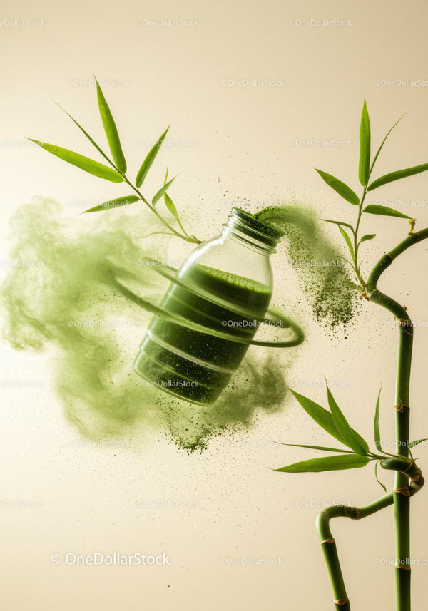 Butelka z Zielonym Proszkiem Spiruliny i Liśćmi Bambusa