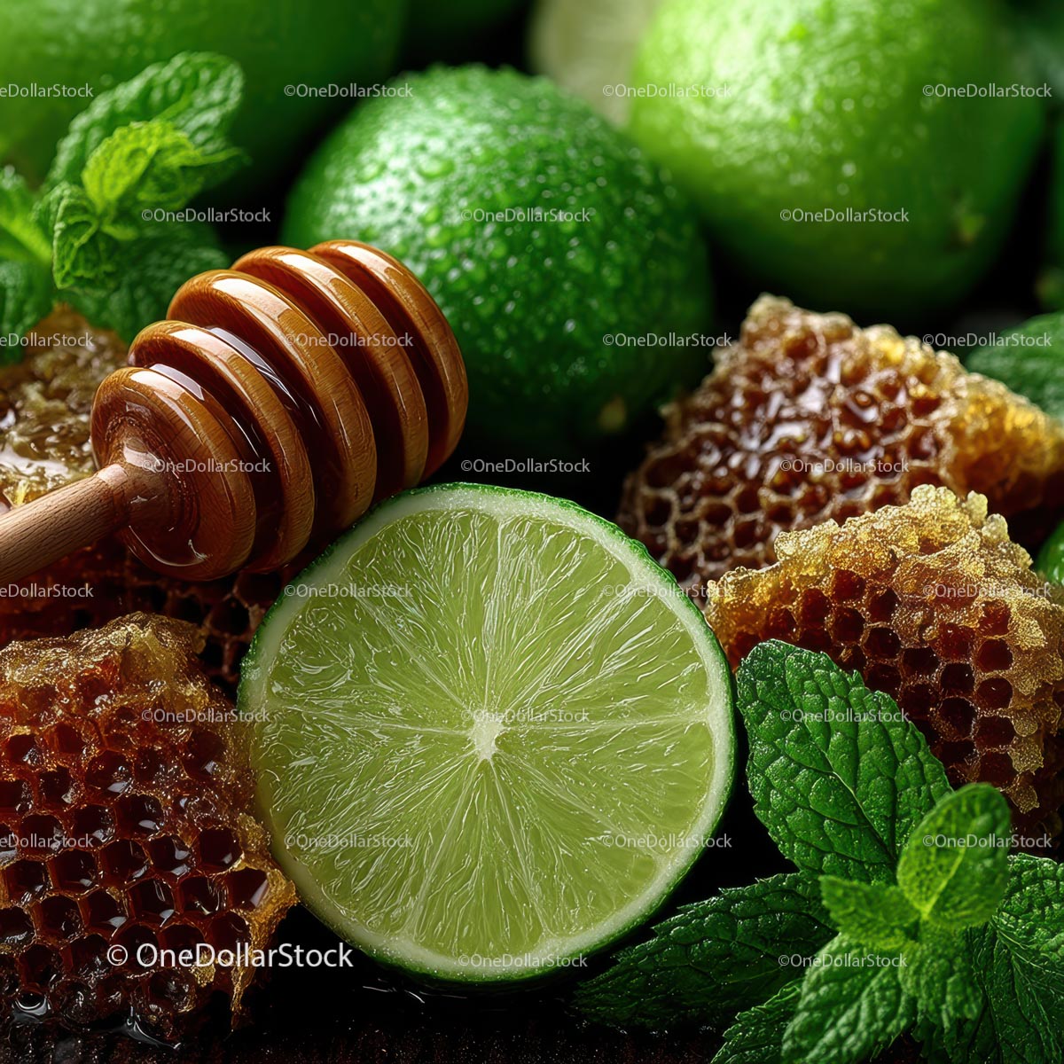 Fresh Limes, Mint Leaves and Honeycomb for Delicious Recipes