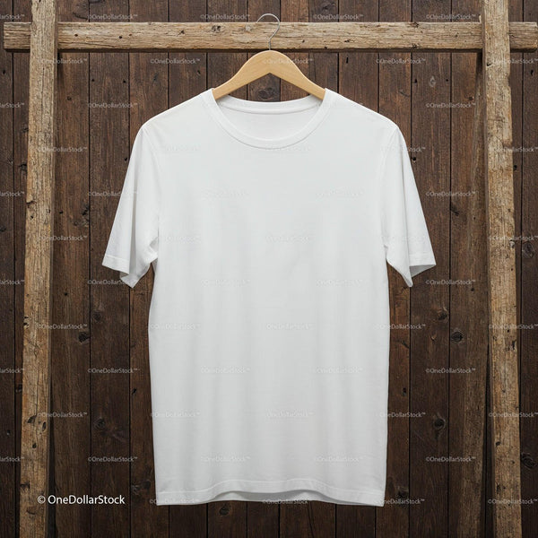 Plain white t-shirt hanging on rustic wooden background JPG Mockup Image