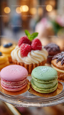Colorful Assorted Macarons and Berry Topped Pastries on a Dessert Stand