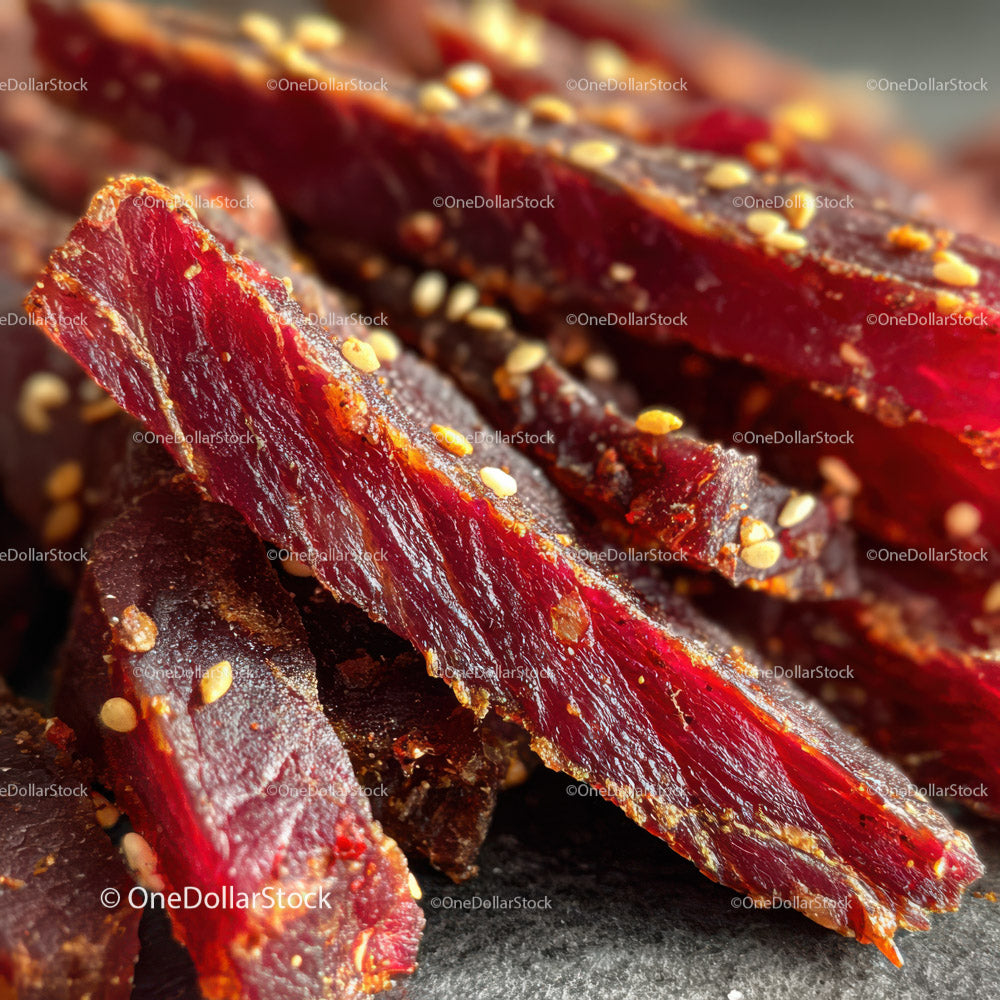 Close-up of Spicy Beef Jerky with Sesame Seeds Isolated on Black