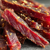 Close-up of Spicy Beef Jerky with Sesame Seeds Isolated on Black