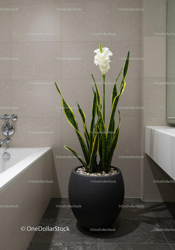 Large Snake Plant in Modern Bathroom Interior with Green Foliage