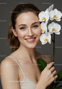Portrait of a Smiling Woman with White Orchid Flowers Beauty and Wellness