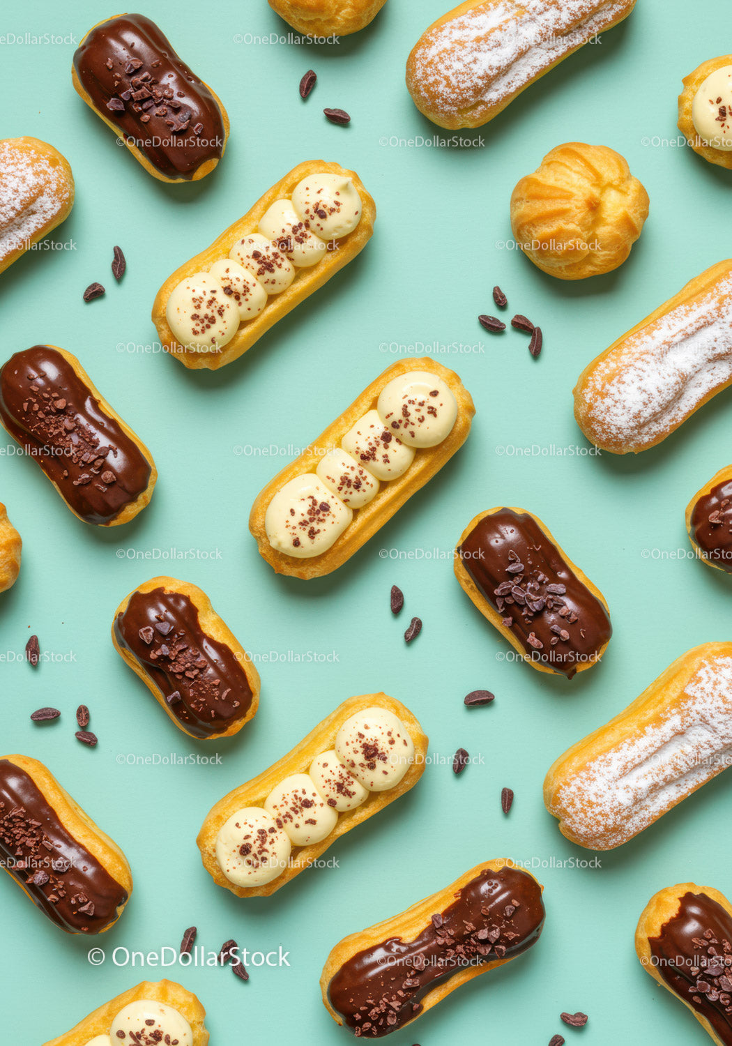 Delicious eclairs with creamy toppings on pastel background