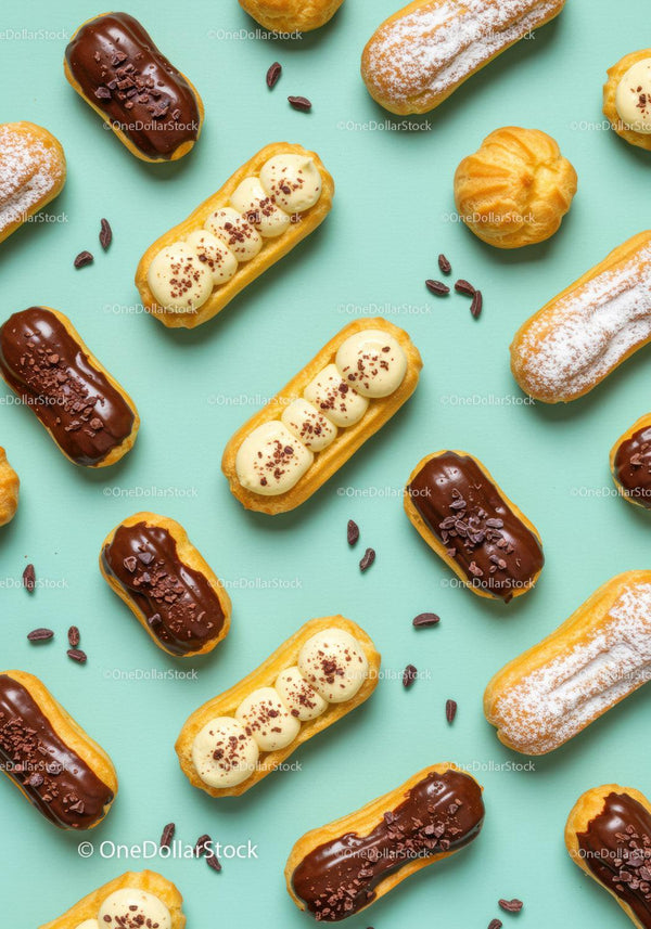 Delicious eclairs with creamy toppings on pastel background