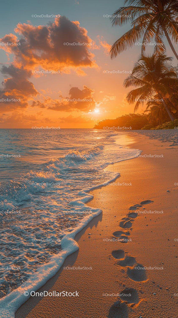 Sunset over Tropical Beach with Palm Trees and Footprints Stock Photo Bundle (27 JPG Files)