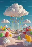 Surreal candy landscape with glass bottle and colorful rain