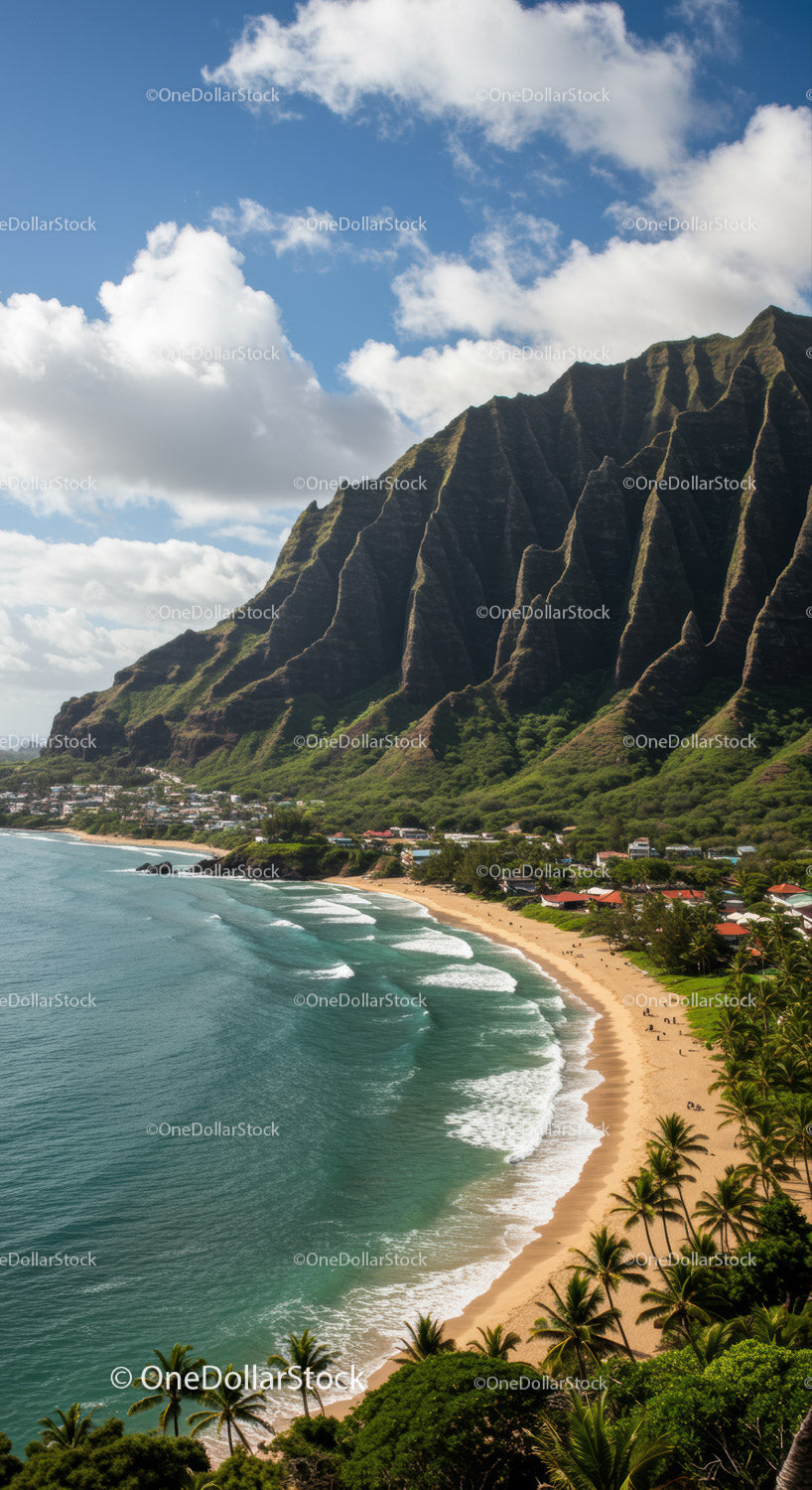 Scenic Tropical Beach with Green Mountain Cliffs and Blue Ocean