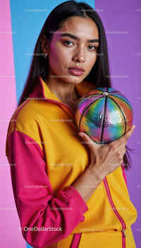 Young Woman in Colorful Sportswear Holding Basketball in Studio