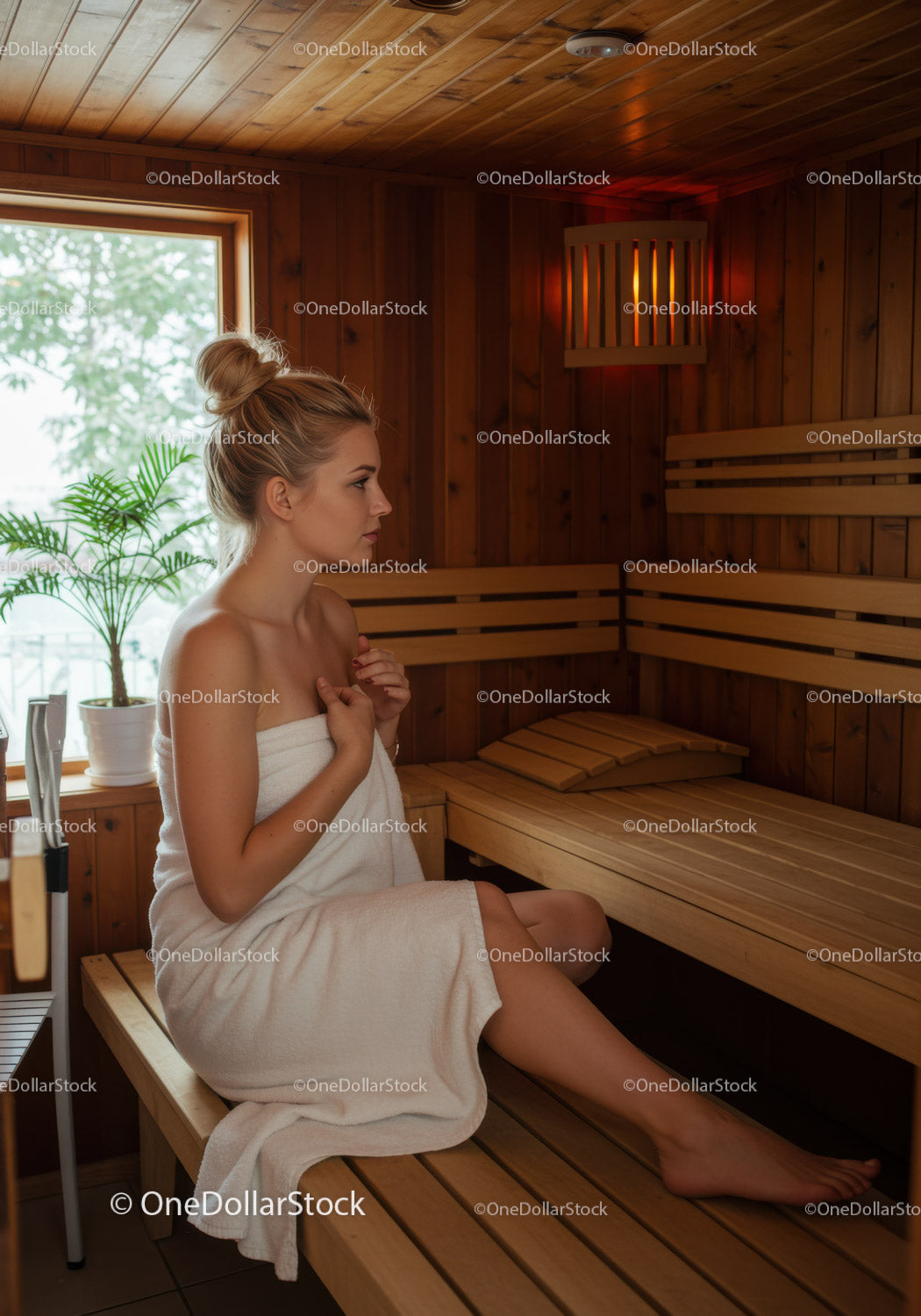 Young Woman Relaxing in a Wooden Sauna During Wellness Session