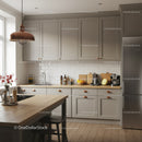 Stylish Grey Kitchen with Wooden Countertop and Copper Accents