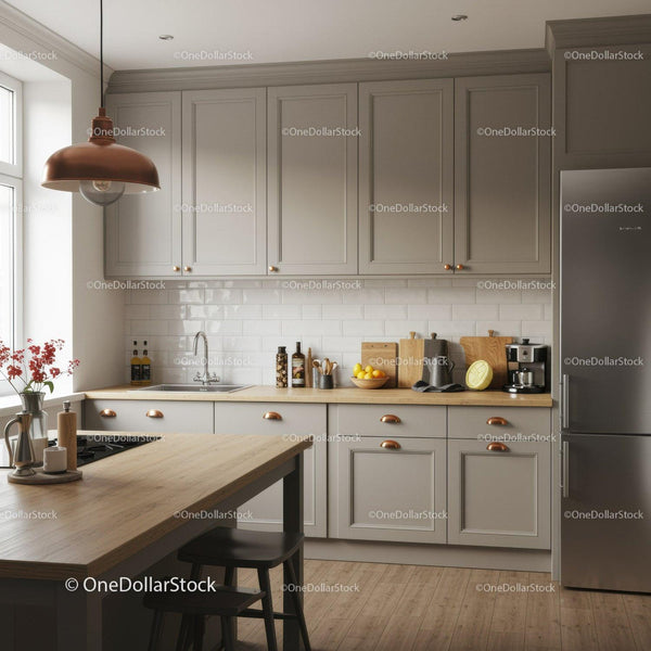 Stylish Grey Kitchen with Wooden Countertop and Copper Accents