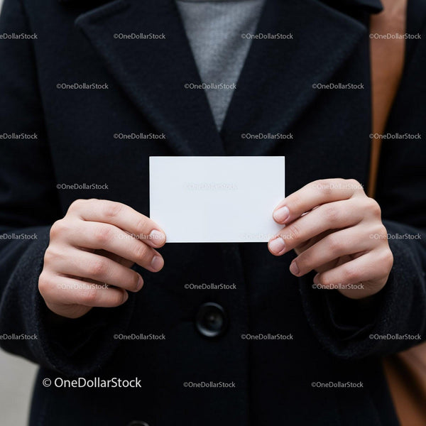 Person holding a blank white business card outdoors JPG Mockup Image
