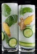 Refreshing ice cubes with mint cucumber and ginger slices