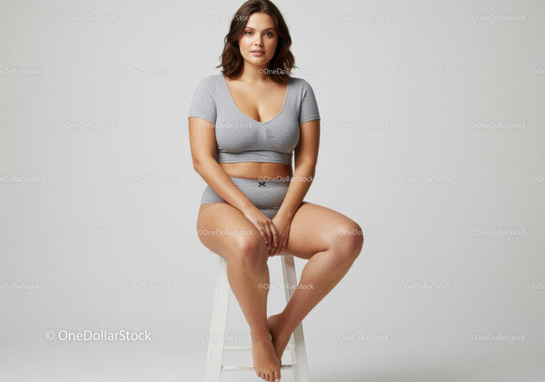 Confident Young Woman Sitting in Casual Gray Outfit on Stool