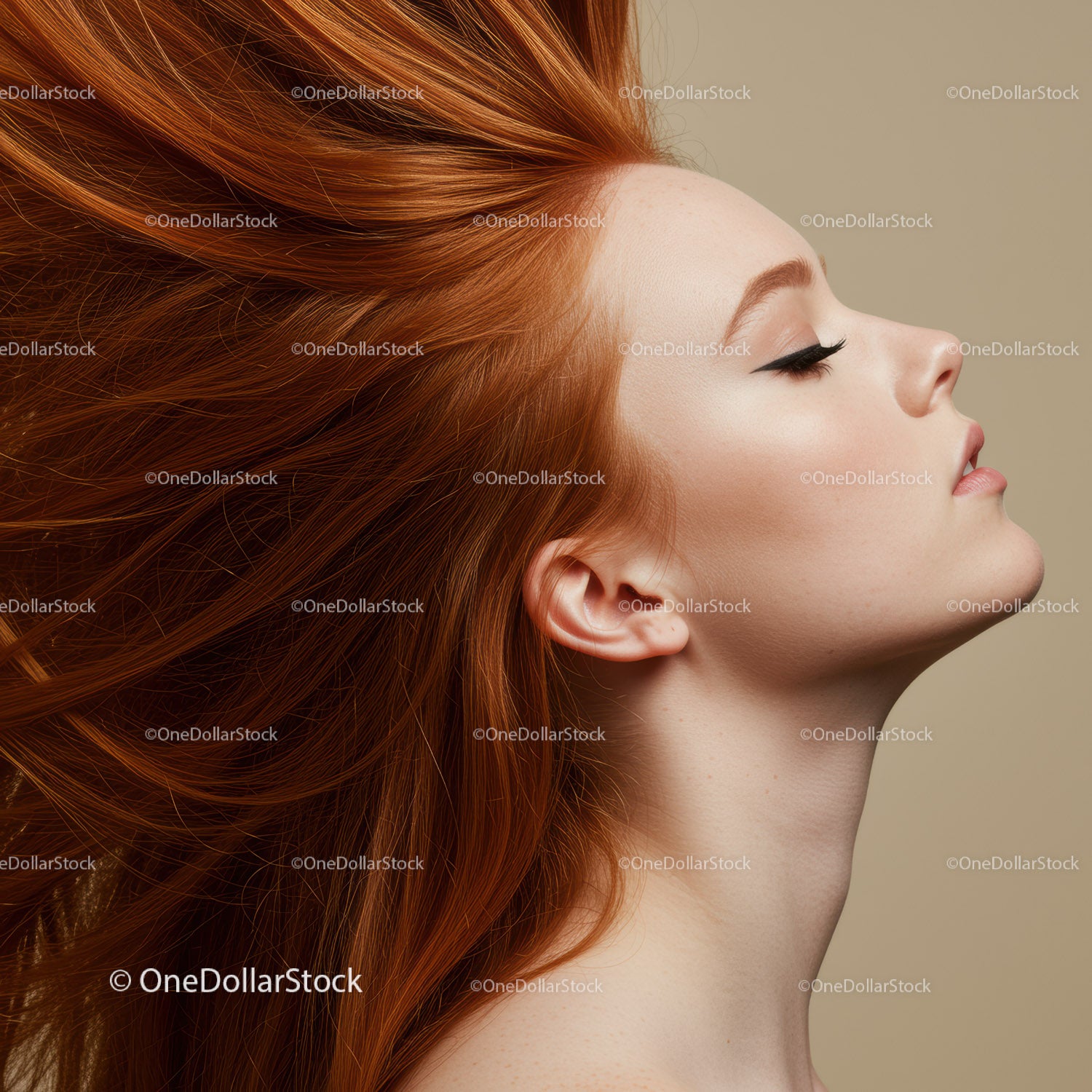 Profile of Woman with Flowing Red Hair and Calm Expression