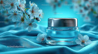 Refreshing Cosmetic Jar with Cherry Blossoms on Blue Silk