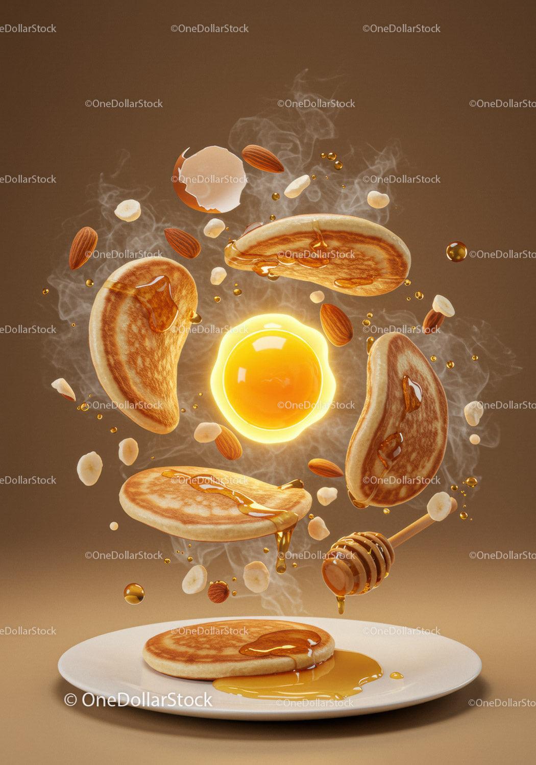 Flying pancakes with syrup and fresh ingredients