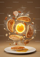 Flying pancakes with syrup and fresh ingredients