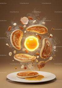 Flying pancakes with syrup and fresh ingredients