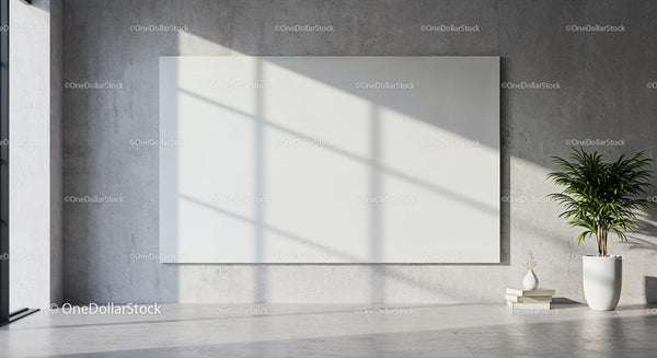 Minimalist interior with large blank canvas and green plant JPG Mockup Image