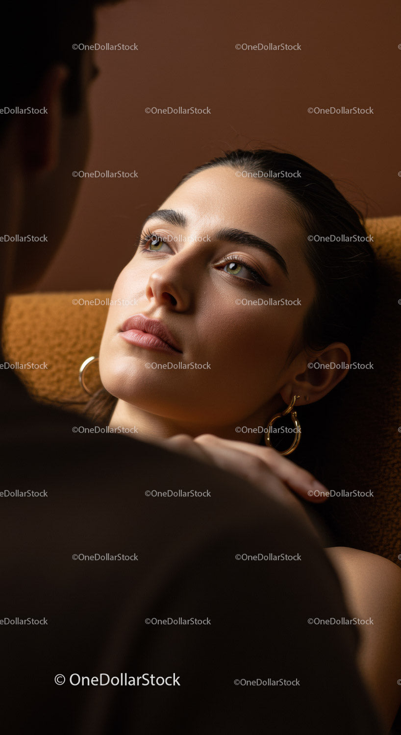 Elegant Young Woman with Makeup and Earrings in Portrait