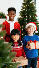 Happy children celebrating Christmas with gifts near tree