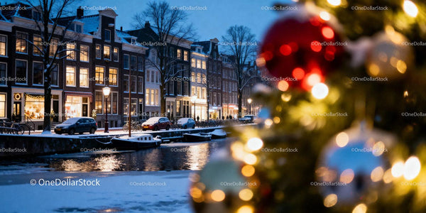 Cozy winter evening by snowy canal with festive lights