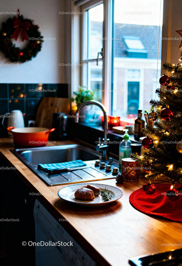Cozy kitchen with Christmas decorations and festive treats