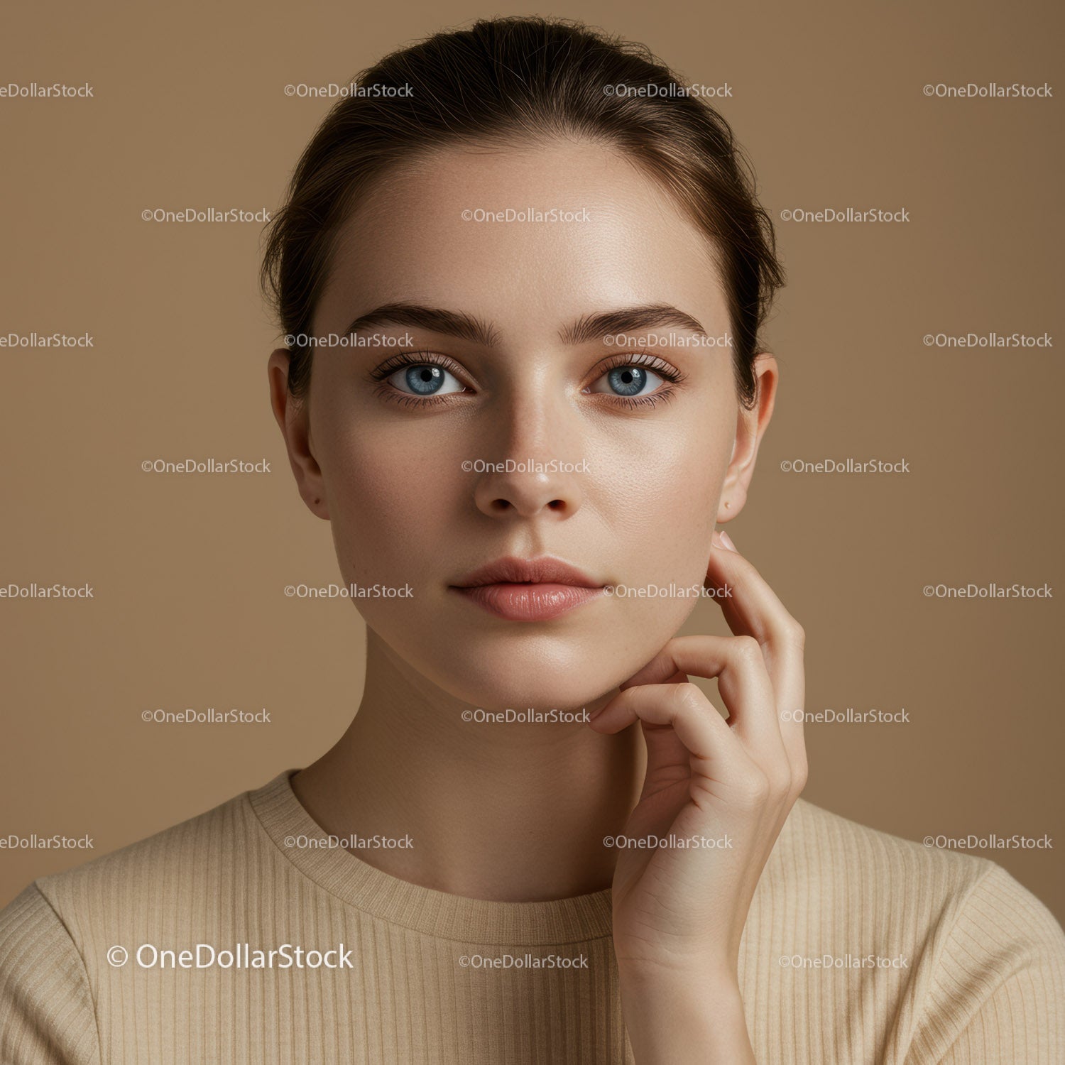 Close-Up Portrait of Beautiful Young Woman with Blue Eyes in Studio