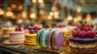 Colorful Macarons and Raspberry Tart on Elegant Pastry Display