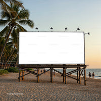 Large Empty Billboard on Tropical Beach at Sunset