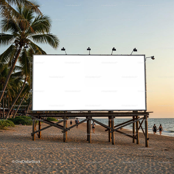 Large Empty Billboard on Tropical Beach at Sunset JPG Mockup Image